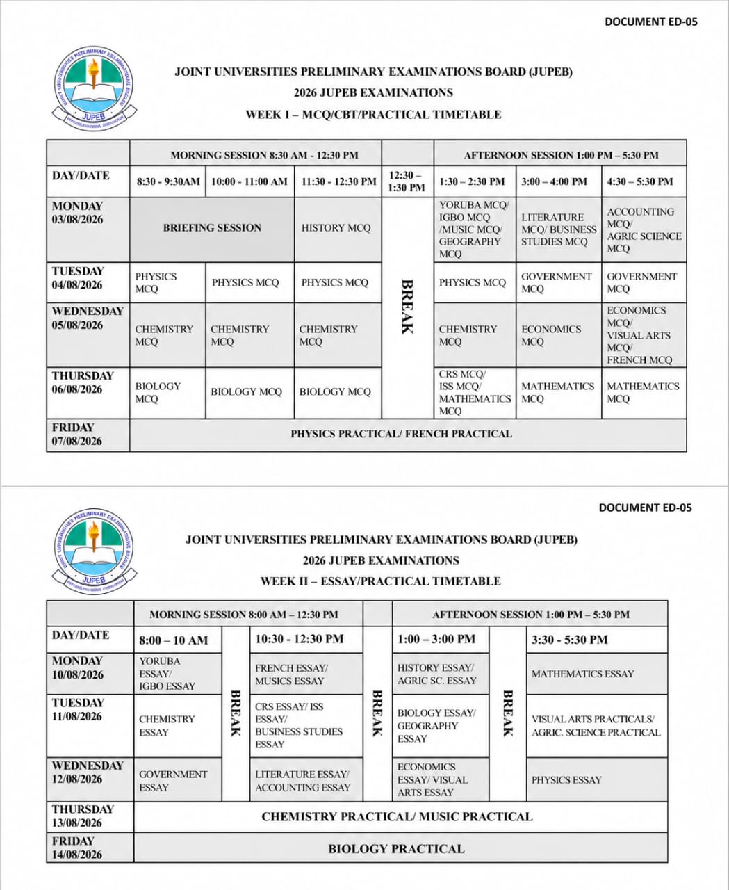 ad401d39b47c4fab807a7ab3555524d0 2026 JUPEB Examination Timetable | JUPEB 2026 TIMETABLE