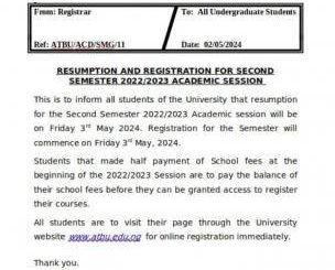 ATBU notice on resumption and registration for second semester, 2022/2023