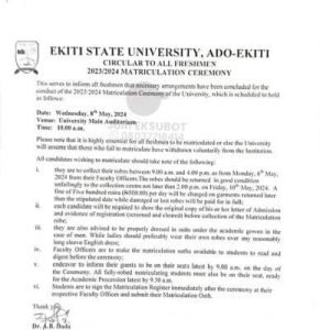 EKSU announces matriculation ceremony for the 2023/2024 session, EKSU, Ekiti State University