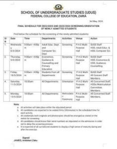 FCE Zaria final schedule for 2023/2024 screening and orientation of new degree students