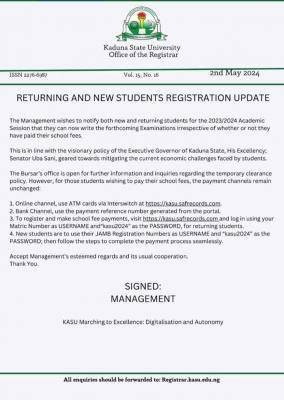 KASU update on returning and new students' registration, KASU, Kaduna State University