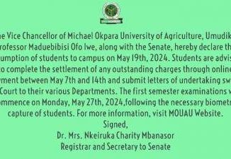 MOUAU notice on resumption of academic activities