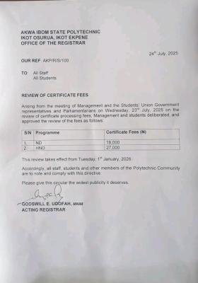 Akwa Ibom State Poly notice on review of certificate fees