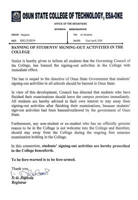 Osun State college of Tech bans student’s signing out in campus