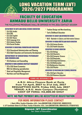 ABU Faculty of Education Long Vacation Term (LVT) Programme, 2026/2027