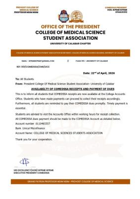 UNICAL College of Medical Sciences Students Association notice on payment of dues