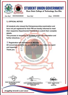 OSCOTECH SUG notice to students who missed the Entrepreneurship examination