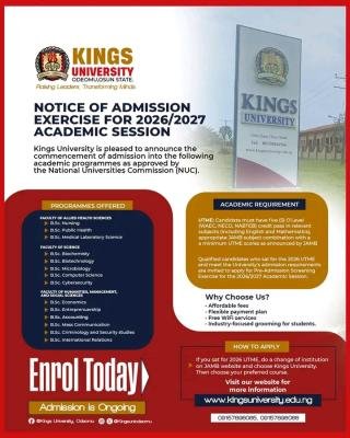 Kings University Post-UTME/DE 2026: Eligibility and Registration Details
