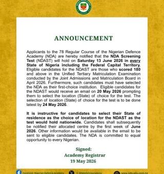 NDA screening date and notice on selection of test location for the 78th Regular Course