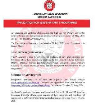 Nigerian Law School opens Application Portal for 2026 Bar Part I Programme