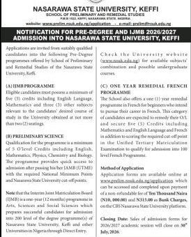 NSUK announces Pre-Degree, IJMB admission forms, 2026/2027