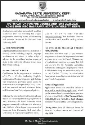 NSUK announces Pre-Degree, IJMB admission forms, 2026/2027