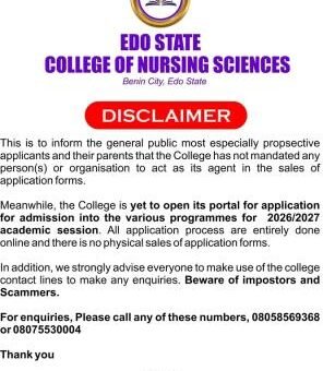 Edo State College of Nursing Sciences issues admission disclaimer notice