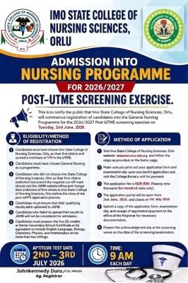 Imo State College of Nursing Sciences, Orlu Post-UTME form, 2026/2027