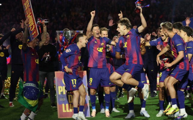 Lionel Messi celebrates Barcelona’s La Liga title