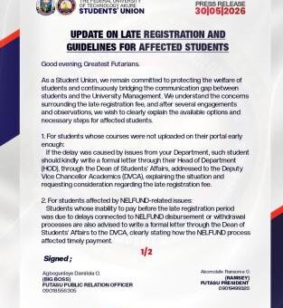 FUTA SUG update on late registration