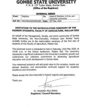 GSU schedules Matriculation Ceremony for Pioneer Students of Faculty of Agriculture