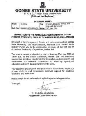 GSU schedules Matriculation Ceremony for Pioneer Students of Faculty of Agriculture