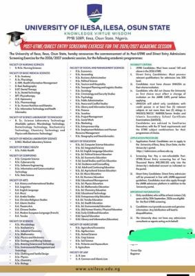 UNILESA Post-UTME/DE 2026: Cut-off mark, Eligibility and Registration Details