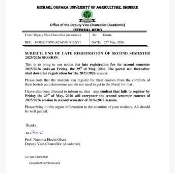 MOUAU notice on Late Registration Exercise, 2025/2026 Second semester
