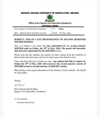 MOUAU notice on Late Registration Exercise, 2025/2026 Second semester