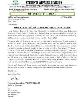 FUWUKARI notice on extension of deadline for payment of school fees