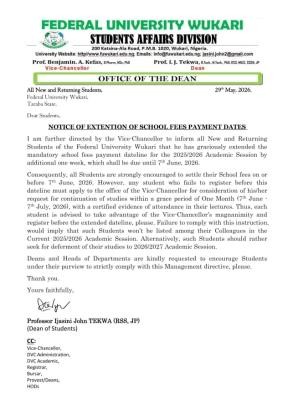 FUWUKARI notice on extension of deadline for payment of school fees