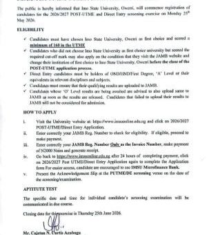 IMSU Post-UTME/DE 2026: Cut-off mark, Eligibility and Registration Details