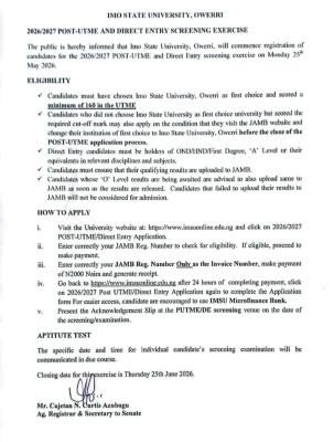 IMSU Post-UTME/DE 2026: Cut-off mark, Eligibility and Registration Details