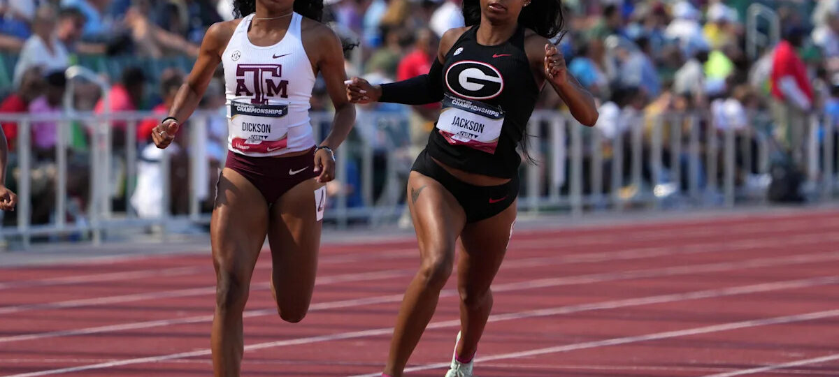 Texas A&M senior sprinter resets 200m school record.