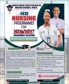 Cross River State College of Nursing Sciences, Ogoja ND Nursing Admission form, 2026/2027