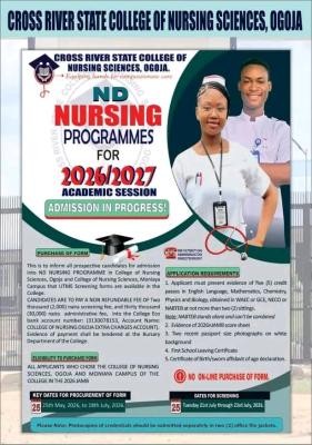 Cross River State College of Nursing Sciences, Ogoja ND Nursing Admission form, 2026/2027