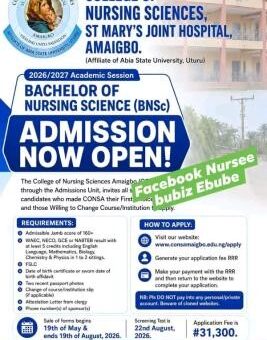 St. Mary Joint Hospital College of Nursing Sciences, Amaigbo BNSc Nursing Admission, 2026/2027