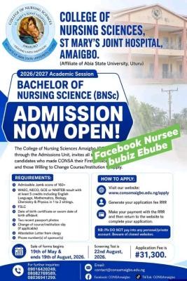 St. Mary Joint Hospital College of Nursing Sciences, Amaigbo BNSc Nursing Admission, 2026/2027