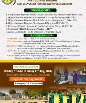 Gombe State College of Health Sciences & Tech. Kaltungo HND/Postgraduate Diploma Admission, 2026/2027