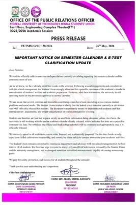 FUTMINNA SUG clarifies e-test timetable, confirms semester calendar remains unchanged