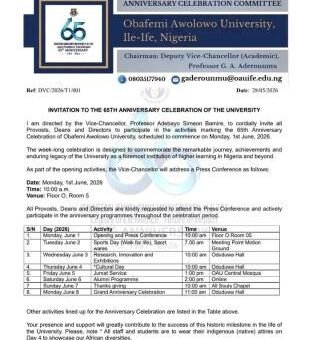 OAU announces schedule of events for 65th Anniversary