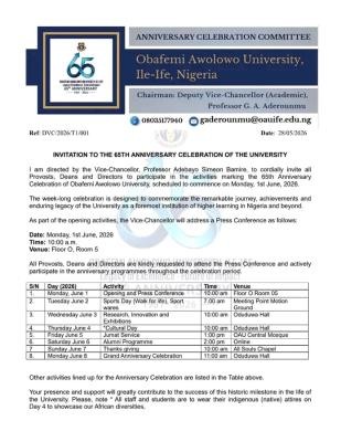 OAU announces schedule of events for 65th Anniversary