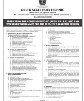 Delta State Polytechnic, Otefe-Oghara HND and Weekend Programme Admission, 2026/2027