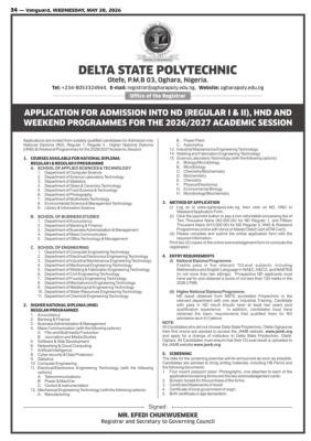 Delta State Polytechnic, Otefe-Oghara HND and Weekend Programme Admission, 2026/2027
