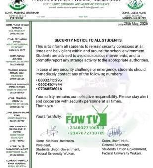 FUWUKARI SUG issues security notice to students