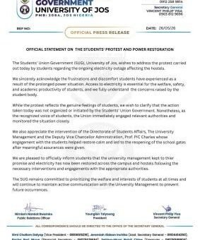 UNIJOS SUG update on aftermath of Students’ Protest