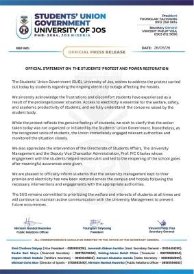 UNIJOS SUG update on aftermath of Students' Protest