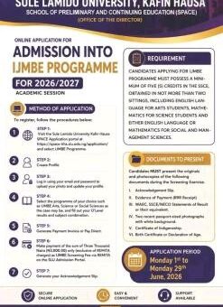 Sule Lamido University IJMBE Programme Admission form, 2026/2027