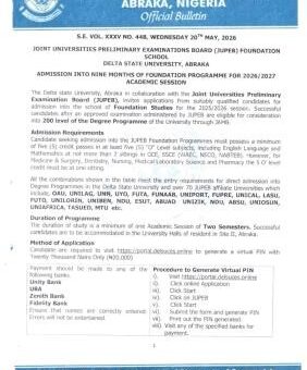 DELSU JUPEB Admission form for 2026/2027 session