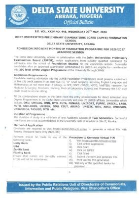 DELSU JUPEB Admission form for 2026/2027 session