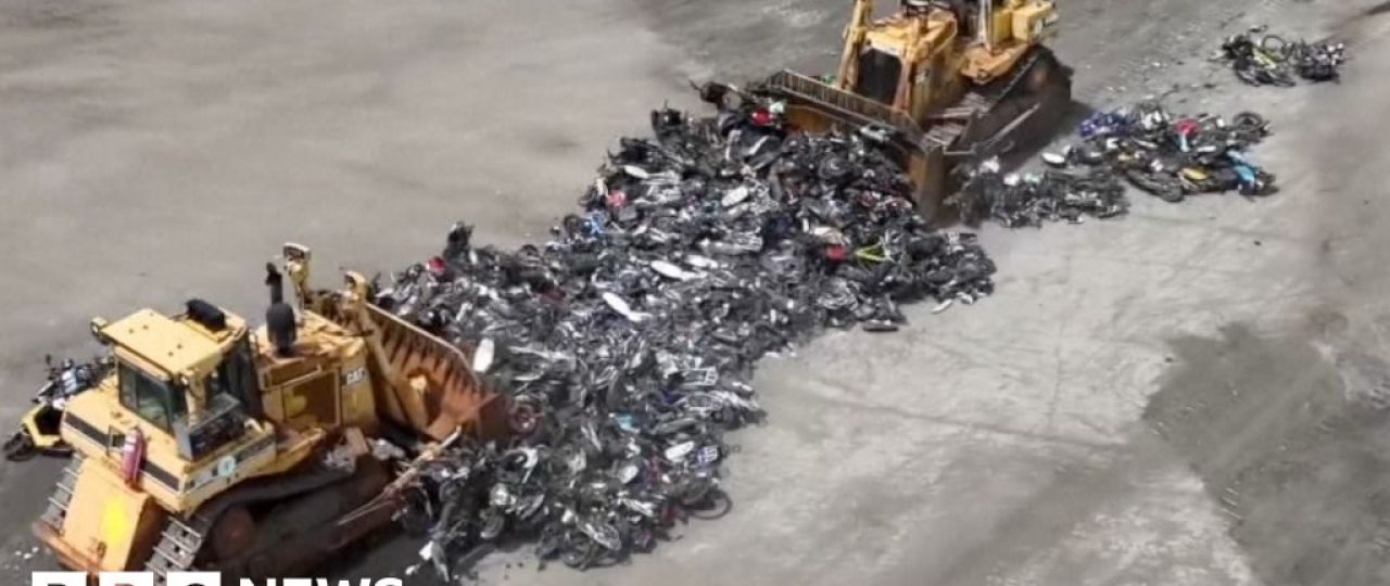 Hundreds of illegal motorbikes bulldozed in New York City crime crackdown