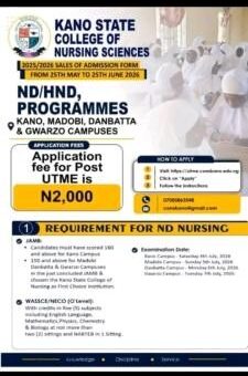 Kano State College of Nursing Sciences ND/HND Nursing Admission, 2026/2027