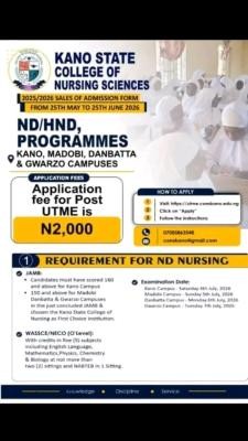 Kano State College of Nursing Sciences ND/HND Nursing Admission, 2026/2027