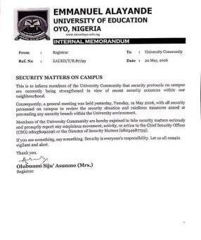 Emmanuel Alayande University of Education issues security notice